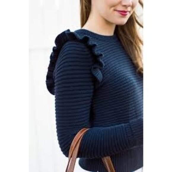 Tuckernuck Sail to Sable Ribbed Navy Blue Ruffle Sweater, Size Small - Picture 1 of 6